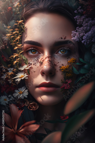 A striking image of a young woman with plants adding a touch of nature to her face. AI-Generated