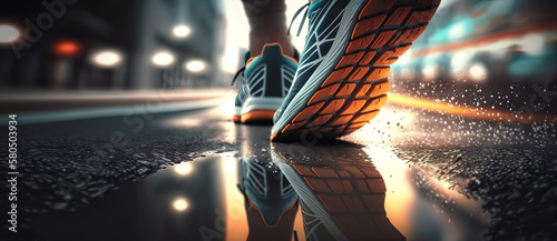 Urban Running: Closeup of Runner's Feet on a Modern Street. AI-Generated