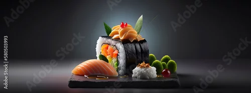 Obraz  z motywem Appetizing sushi captured in product photo with a restaurant ambiance and studio lights. AI-Generated