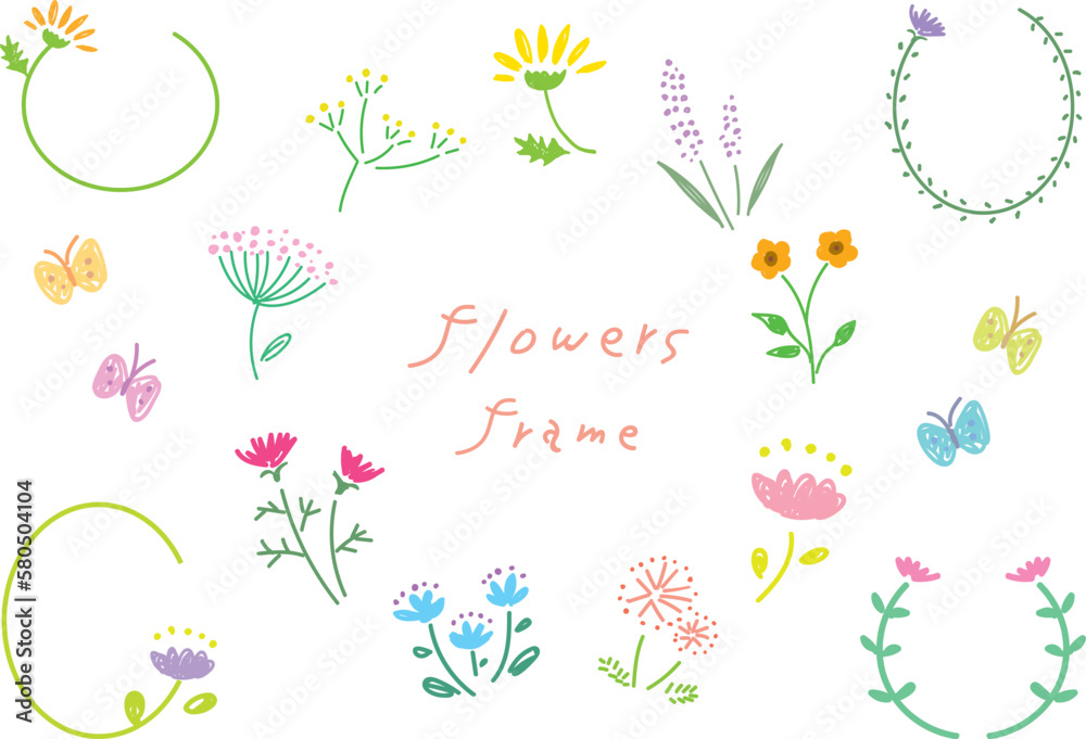 手描き風、花のフレームセット