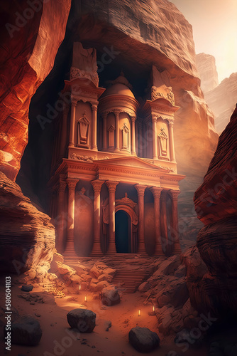Temple of the Oracle inside the red orange granite canyon, fusion of greek and gothic revival architecture. AI-Generated