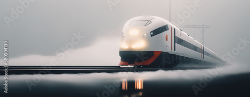 bullet train coming out of the fog. AI-Generated photo