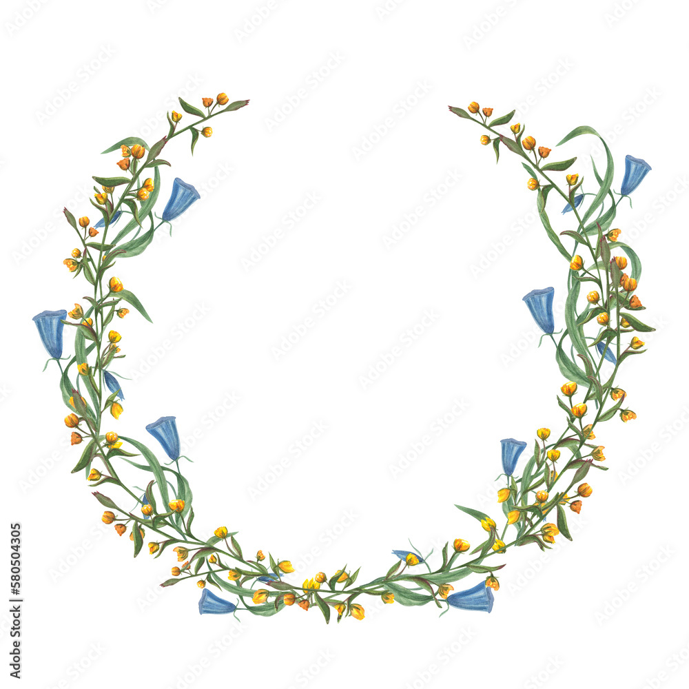 Watercolor wreath with flowers isolated on white background. Botanical hand drawn painting for postcard design, invitation template, cards, banner design, postcards Watercolor wreath with flowers isolated on white background. Botanical hand drawn painting for postcard design, invitation template, cards, banner design, postcards