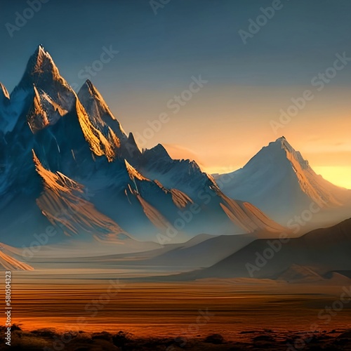 mountains in a valley at sunset with subtle fog- landscape pretty beautiful Fototapet