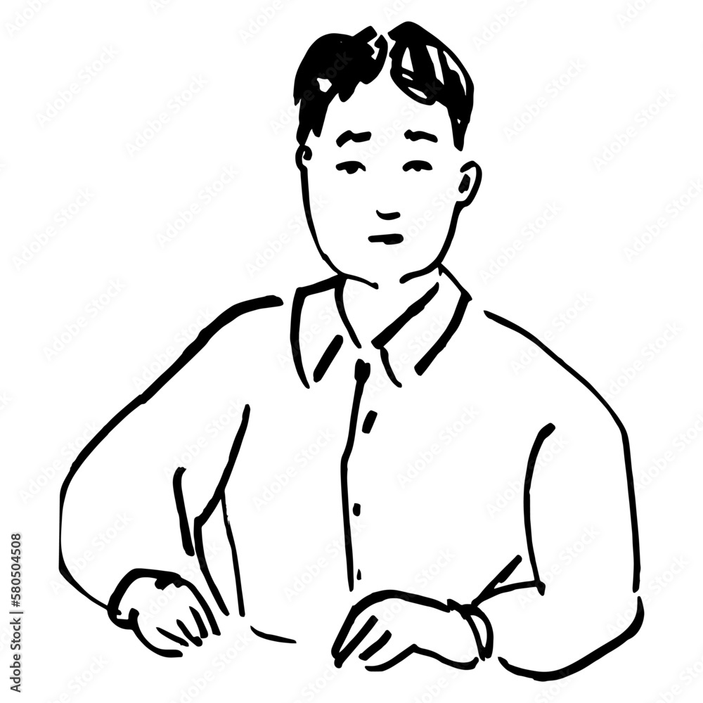 Young Asian man in a shirt. Hand drawn linear doodle rough sketch. Black silhouette on white background.