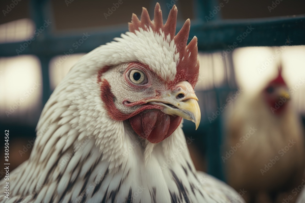Close up view of a chicken in a cage at an agricultural animal show, trade show, or market. Farming, agriculture, livestock, and taking care of animals as a concept. Generative AI