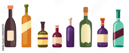Bottles with alcohol set vector illustration on white. Drinks menu, cartoon alcoholic beverages for drinking at bar, isolated liquor and brandy