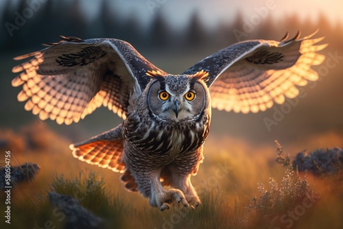 Face a bird in the air with its wings open in a grassy field. Eurasian Eagle Owl, Bubo bubo, animal with big orange eyes. Norway is a natural habitat. Generative AI