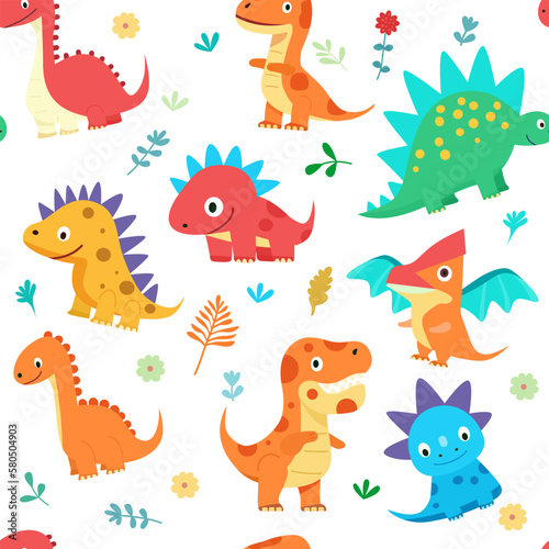 Adorable seamless pattern with funny dinosaurs in a cartoon. Perfect for greeting cards  invitations  parties  banners  kindergarten  baby shower  preschool and nursery decoration