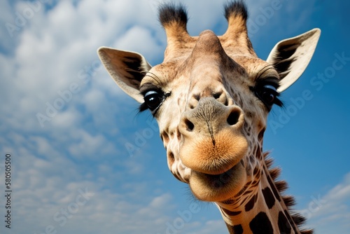 A close up picture of a giraffe with a funny face. Generative AI