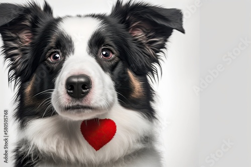 St. Valentine's Day concept. Cute puppy dog border collie holding a red heart on its nose in a funny portrait against a white background. Lovely dog in love on valentines day gives gift. Generative AI © AkuAku