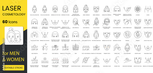Laser cosmetology for men and women set of line icons in vector, editable stroke. Illustration stimulates skin regeneration, scar resurfacing, mole removal and fractional laser resurfacing