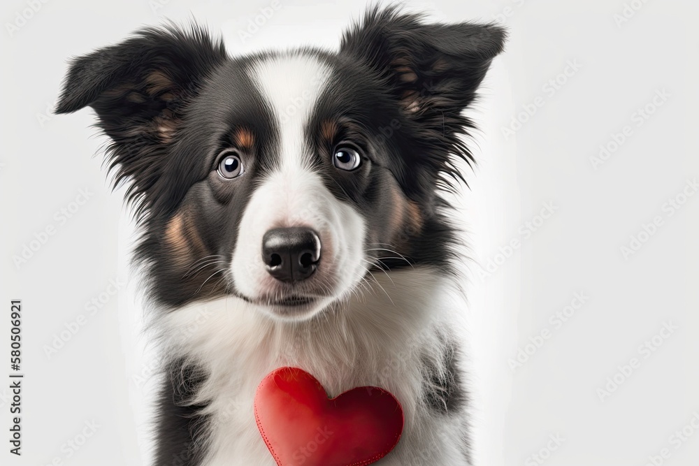 St. Valentine's Day concept. Funny picture of a cute border collie puppy with a red heart on its nose. Isolated on a white background, look up. Lovely dog in love on valentines day gives gift