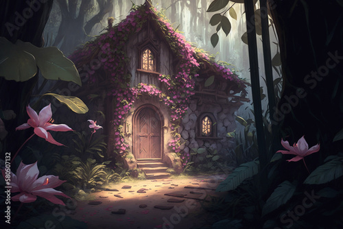flower house in the jungle, generative ai