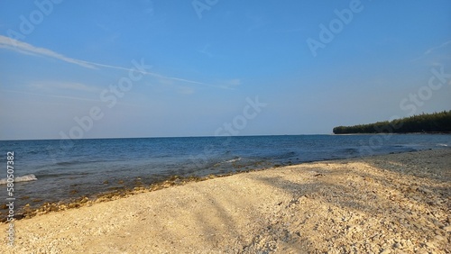 Selective focus seawater lake on a beautiful white sand beach with fir trees in the background