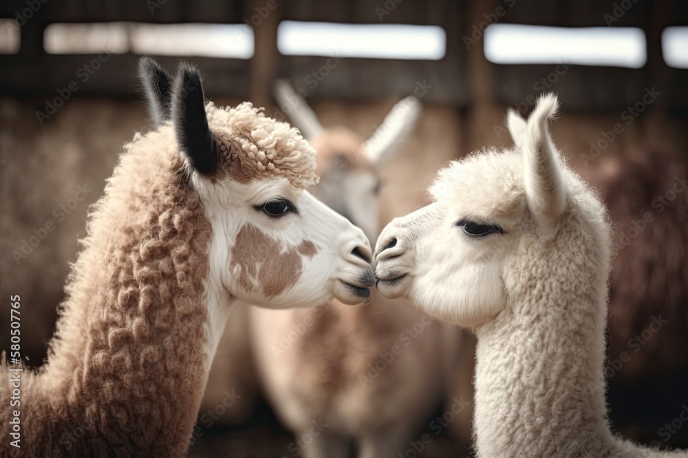 Two llamas kissing. Cute little alpaca (lama animal, llama) baby in farm. Funny animal portrait. Close up of a young, cute alpaca from a farm or zoo. Furry lama baby. Generative AI