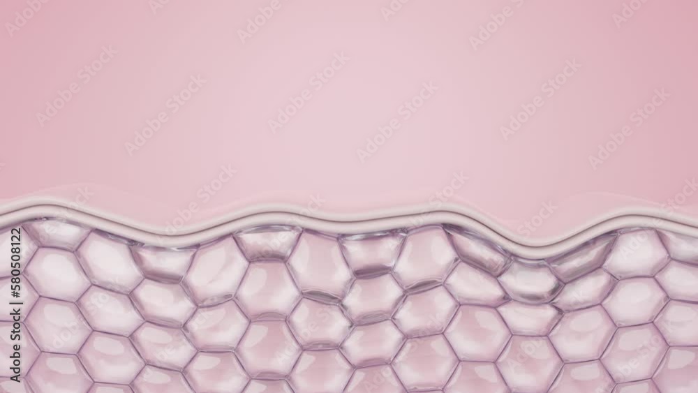 Pink collagen serum drop and absorb by saggy skin to deep cells, regain moisture and recovery skin elasticity. Skin treatment and Cosmetic product concept. 3D rendering.