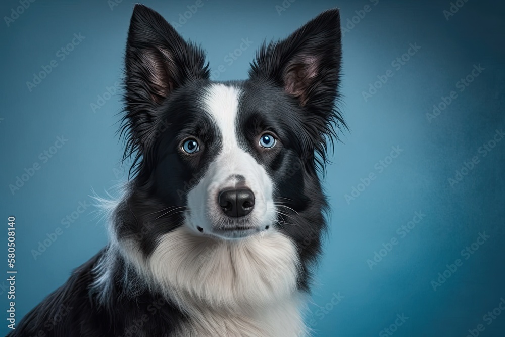 Portrait of a beautiful, healthy, and smart black and white border collie in a photo studio on a blue background. Generative AI Portrait of a beautiful, healthy, and smart black and white border collie in a photo studio on a blue background. Generative AI