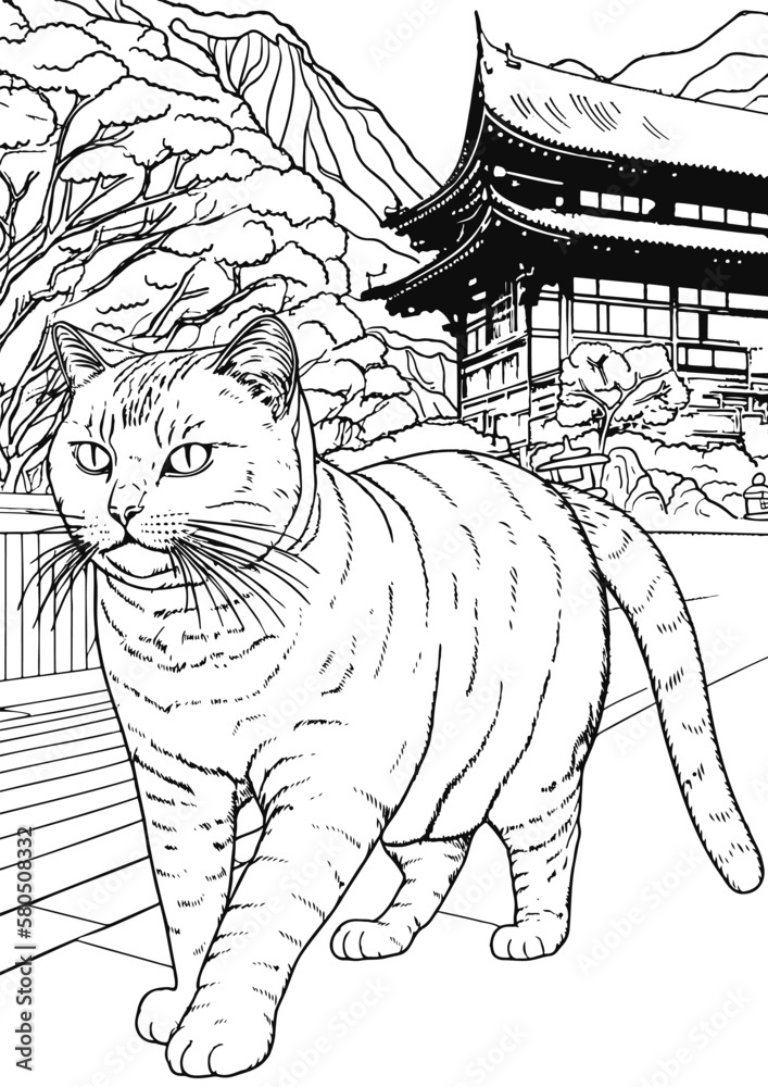 Naklejka premium Coloring book for kids.Worksheets for teachers to teach.Cat walking in garden.