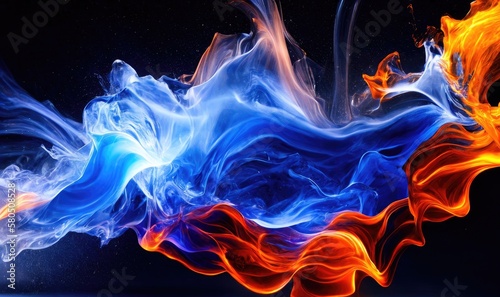 Water splashes with blue and orange colors  abstract like fire and smoke. Generative AI
