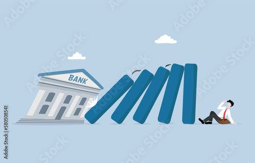 Potential bank failure, financial crisis, decrease in investor confidence, economic downturn, bankruptcy concept, Collapse of bank building causing dominoes fall on businessman.