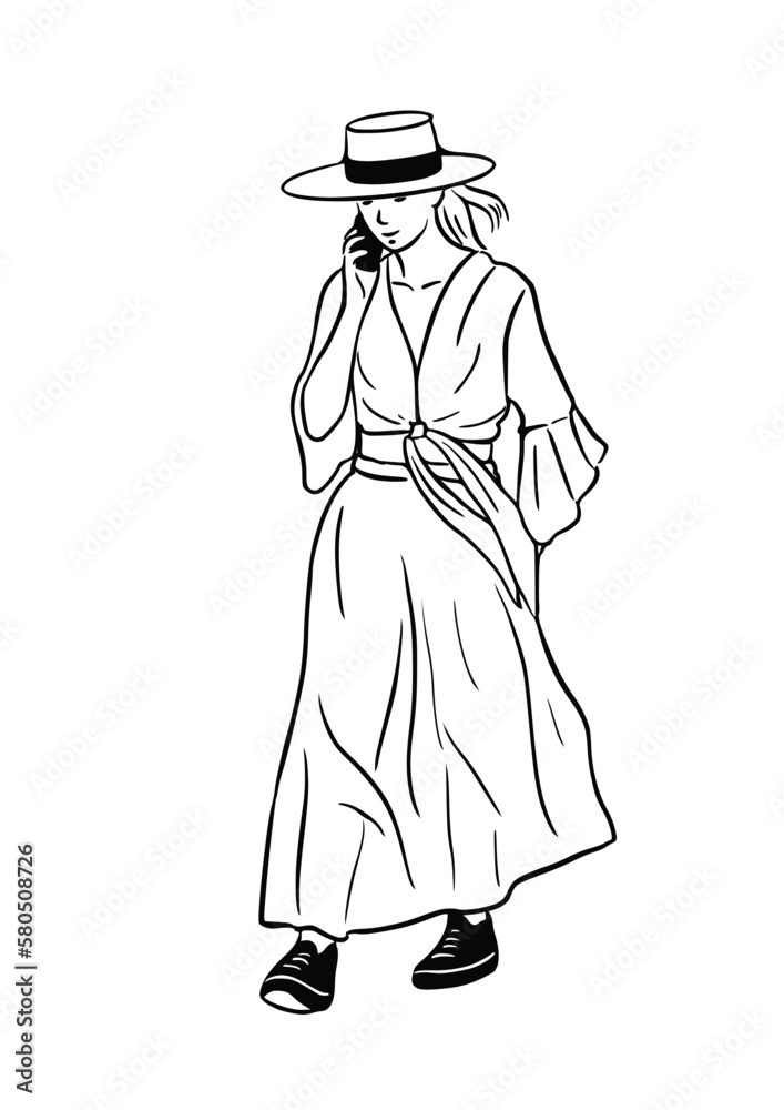 Woman talking on the phone, leisurely walking on the street
hand drawn art illustration of man