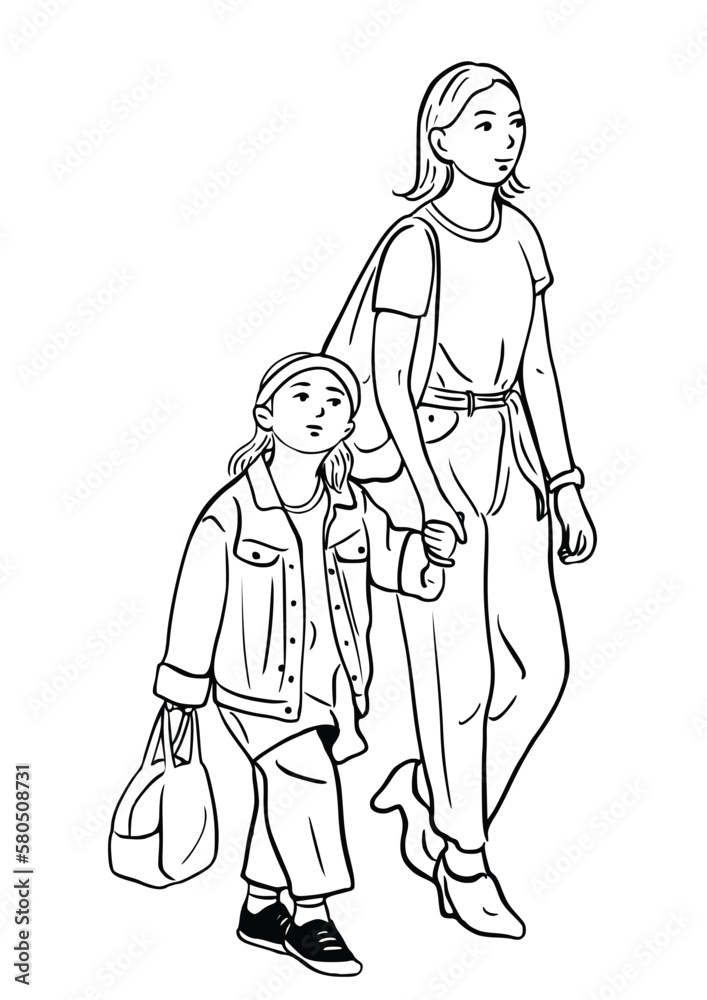Fototapeta premium Mother and child are dressed outside. happy people living in the city hand drawn line drawing