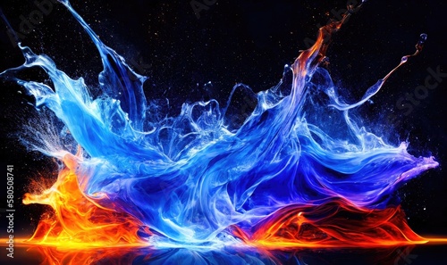 Water splashes with blue and orange colors, abstract like fire and smoke. Generative AI