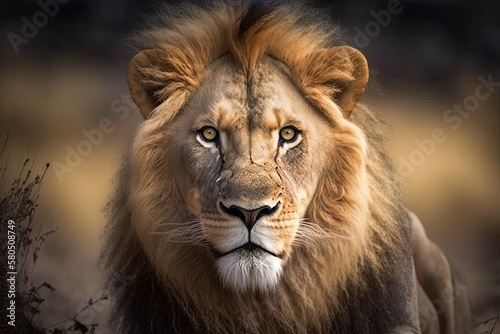 Lion face. A wild lion in Africa looks forward. Generative AI