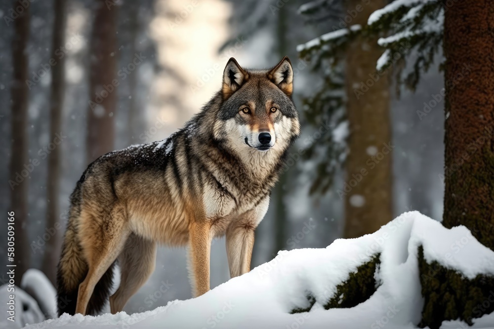 Canis lupus lupus, Eurasian wolf, huge gray wolf in winter, wild animal, close encounter, eye contact, Canis lupus lupus. Wolf in the forest, cold weather, and snow. The Poloniny Mountains are where P Canis lupus lupus, Eurasian wolf, huge gray wolf in winter, wild animal, close encounter, eye contact, Canis lupus lupus. Wolf in the forest, cold weather, and snow. The Poloniny Mountains are where P
