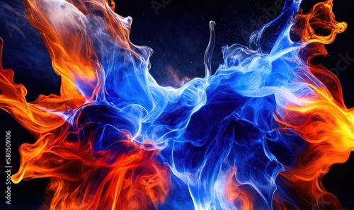 Water splashes with blue and orange colors, abstract like fire and smoke. Generative AI