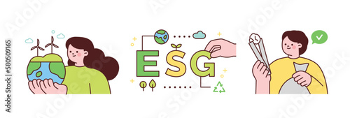 Activities for environmental protection. People who protect the earth with clean energy, do ESG management, and pick up garbage.