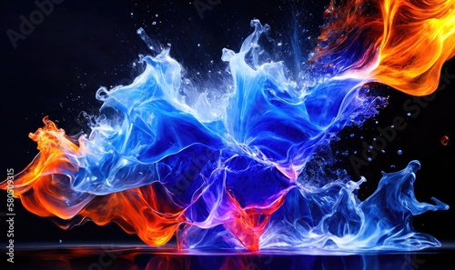 Water splashes with blue and orange colors, abstract like fire and smoke. Generative AI