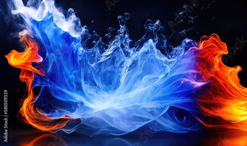 Water splashes with blue and orange colors, abstract like fire and smoke. Generative AI