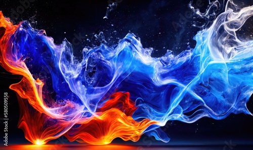 Water splashes with blue and orange colors, abstract like fire and smoke. Generative AI