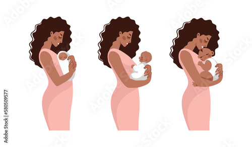 Black Hispanic mom with newborn baby and infant, motherhood flat cartoon illustration set. Woman hugging a baby, vector isolated on white.