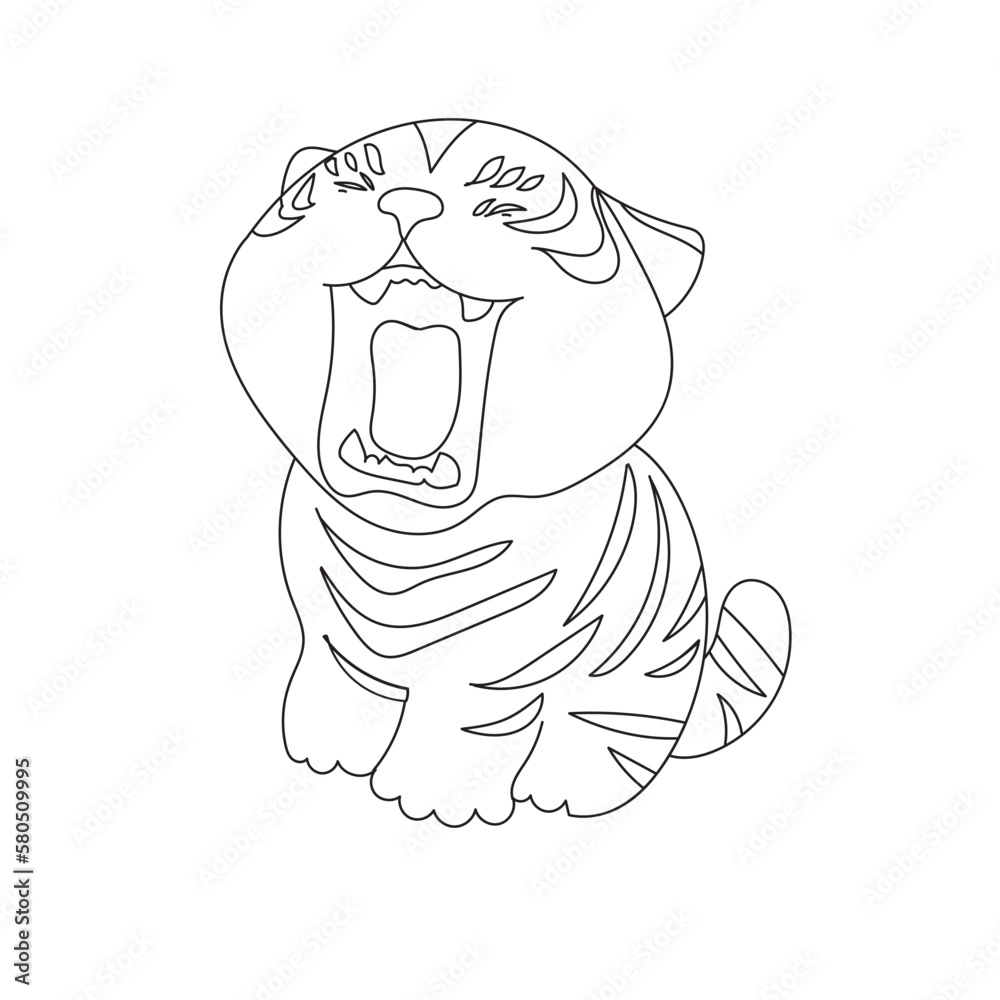 Scout. Tiger. Open mouth. White teeth. Red tongue. Cute. Black pattern. Tiger on white background. sleepy. line drawing Scout. Tiger. Open mouth. White teeth. Red tongue. Cute. Black pattern. Tiger on white background. sleepy. line drawing
