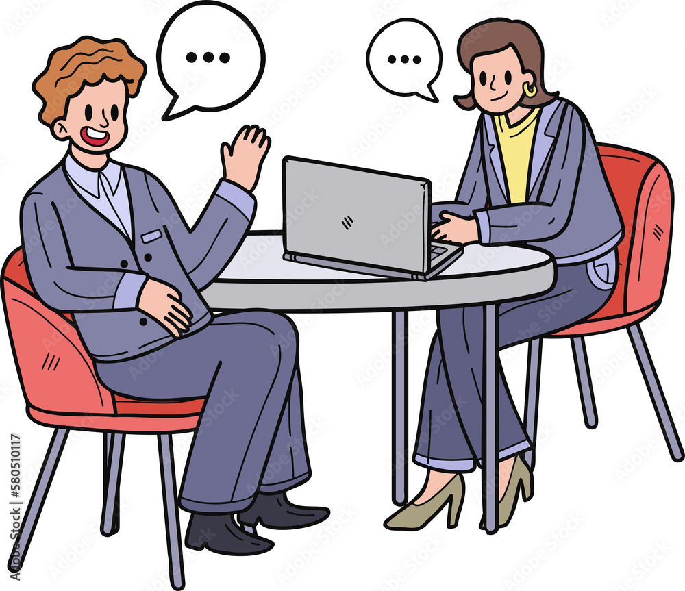 Businesswoman sitting and discussing work on the desk illustration in doodle style Businesswoman sitting and discussing work on the desk illustration in doodle style
