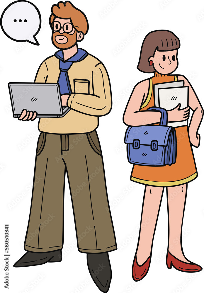 Team of office workers planning work illustration in doodle style Team of office workers planning work illustration in doodle style