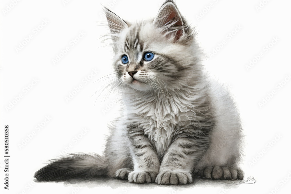 Kitten in blue and white with a white background. Sitting cat. Generative AI