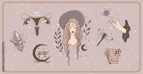 Modern boho banner with vintage magical items, witch in hat, womb, spell book, magic crystal. Halloween sticker set. Vector.