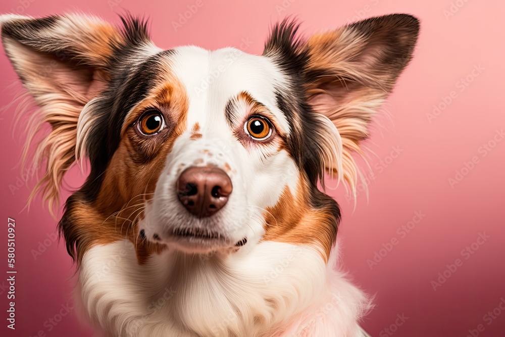 A beautiful dog breed photographed as a portrait on a pink background. studios shot. Focus on a funny pet. Pet Lover concept . Pets indoors. Pet care and the idea of animals. front view. Generative AI