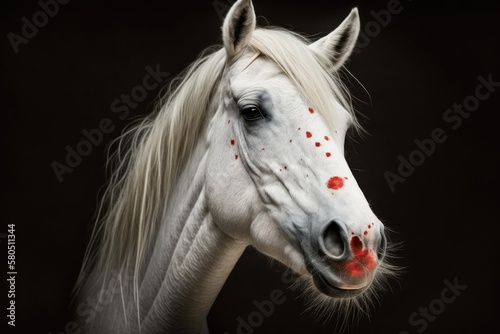 Beautiful white pony with kiss marks made by red lipstick on its face. Horse on valentine s day. Generative AI