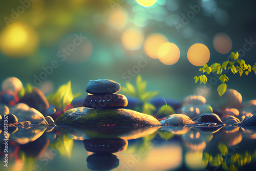 Digital art painting. beautiful landscape with colorful peace calm relax. meditation place. bokeh background.