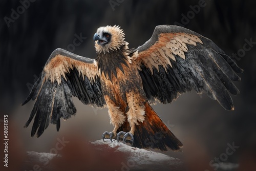 Bearded vulture, Gypaetus barbatus or Lammergeier with wings spread out. Up close and from the front. A wild bird, snow, and fall in the Spanish Pyrenees. Generative AI