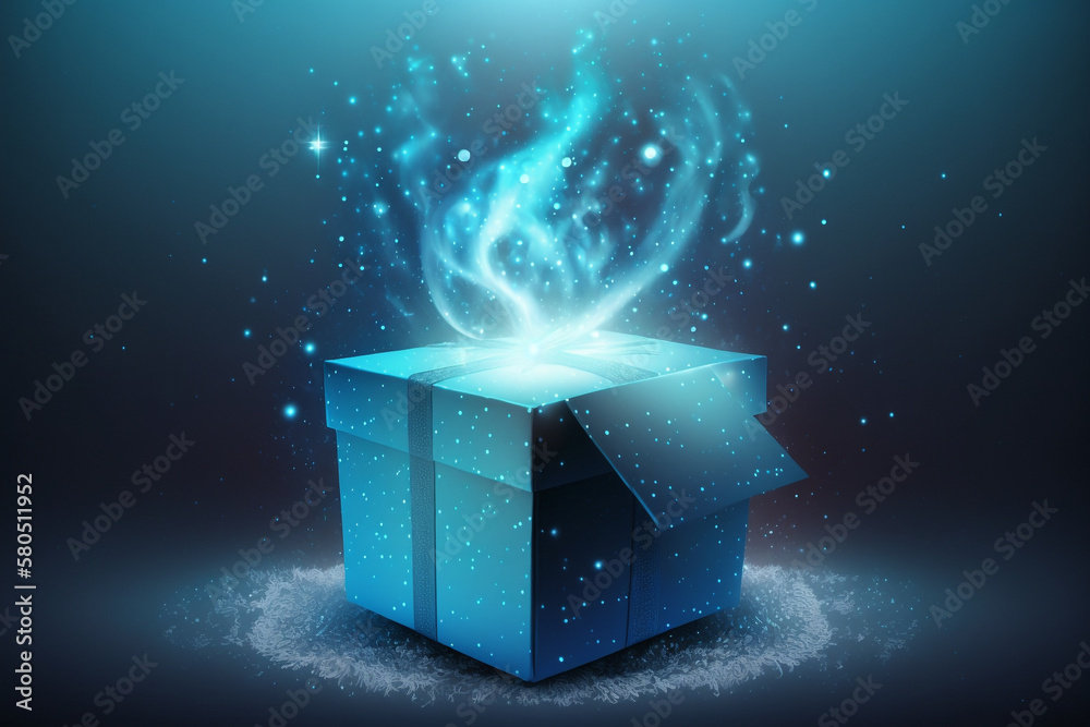 Fototapeta premium Blue gift box with magical lights made with Generative AI