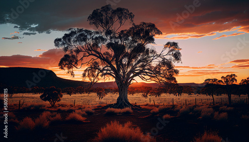 A eucalyptus gumtree in rural Australia during sunset