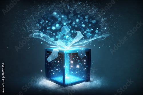 Blue gift box with magical lights made with Generative AI
