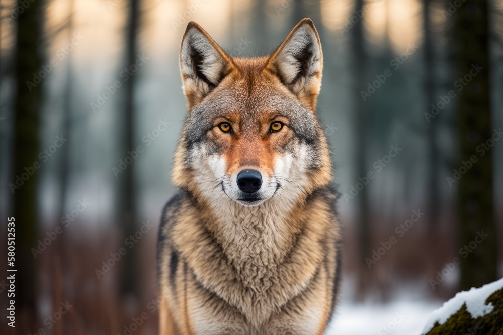 In winter, a close up horizontal portrait of a Eurasian wolf (Canis lupus) looking straight at the camera while a forest in the background is blurred. East Europe. Generative AI - obrazy, fototapety, plakaty 