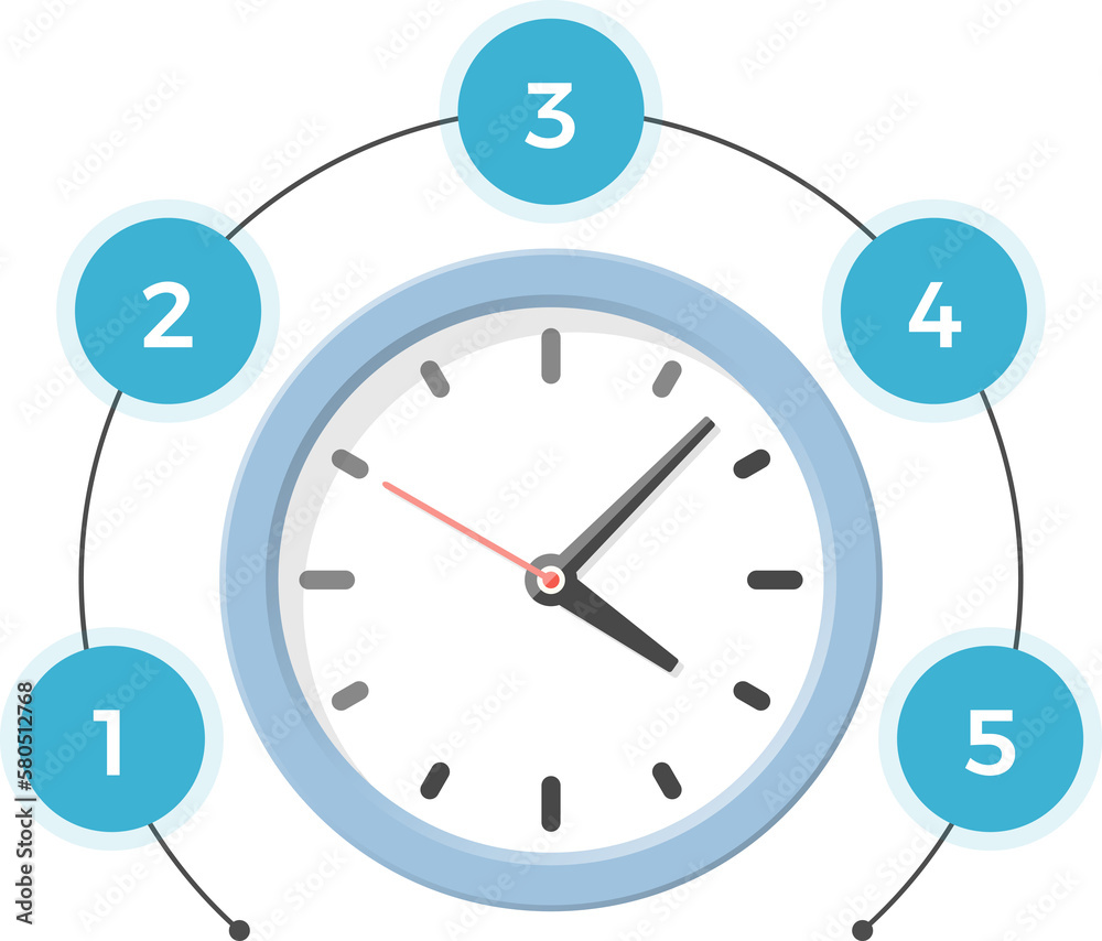 Infographic template with clock and five elements for your text